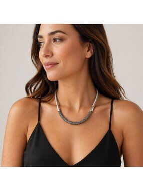 Womens Black Silver Glitter Necklace Adjustable Lobster Clasp Rhinestone Sparkle